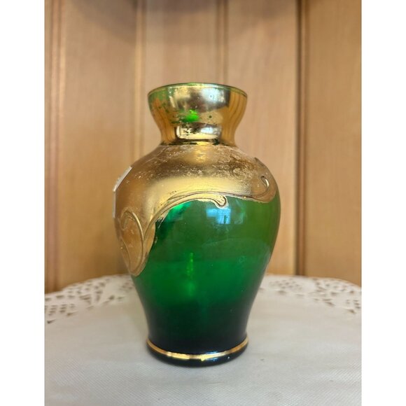 Antique Hand-Painted Bohemian Green Gold Moser Small Glass Vase Floral Motif - Picture 5 of 8